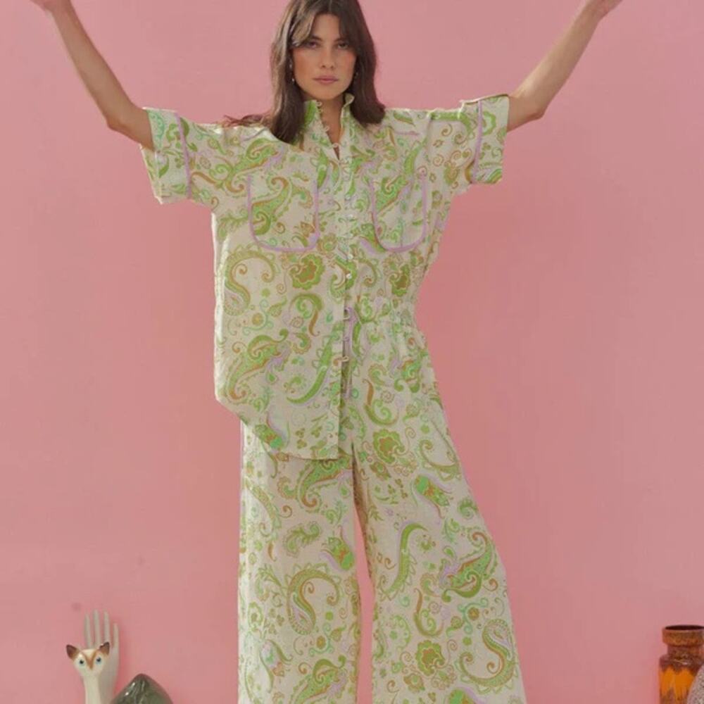 Alemais Marta Paisley Print Linen Button Up Shirt Cream Green AU 6 US 2 TOP ONLY